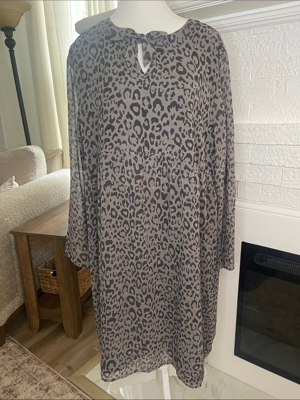 LOFT Leopard Print Long Sleeve Shift Dress - Taupe/Black